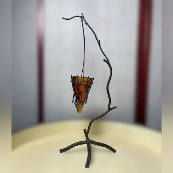 Vintage Mid Century Modern Wrought Iron Tree w/Amber Glass Cone Candle Holder - Picture 1 of 11